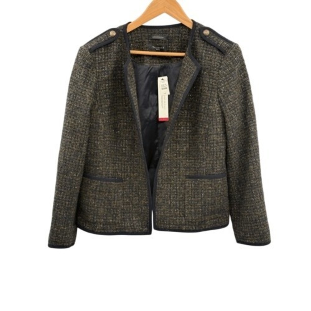 Talbots Blazer Open Women 14 Petite Green Navy Blue‎ Tweed Wool Alpaca Blend New